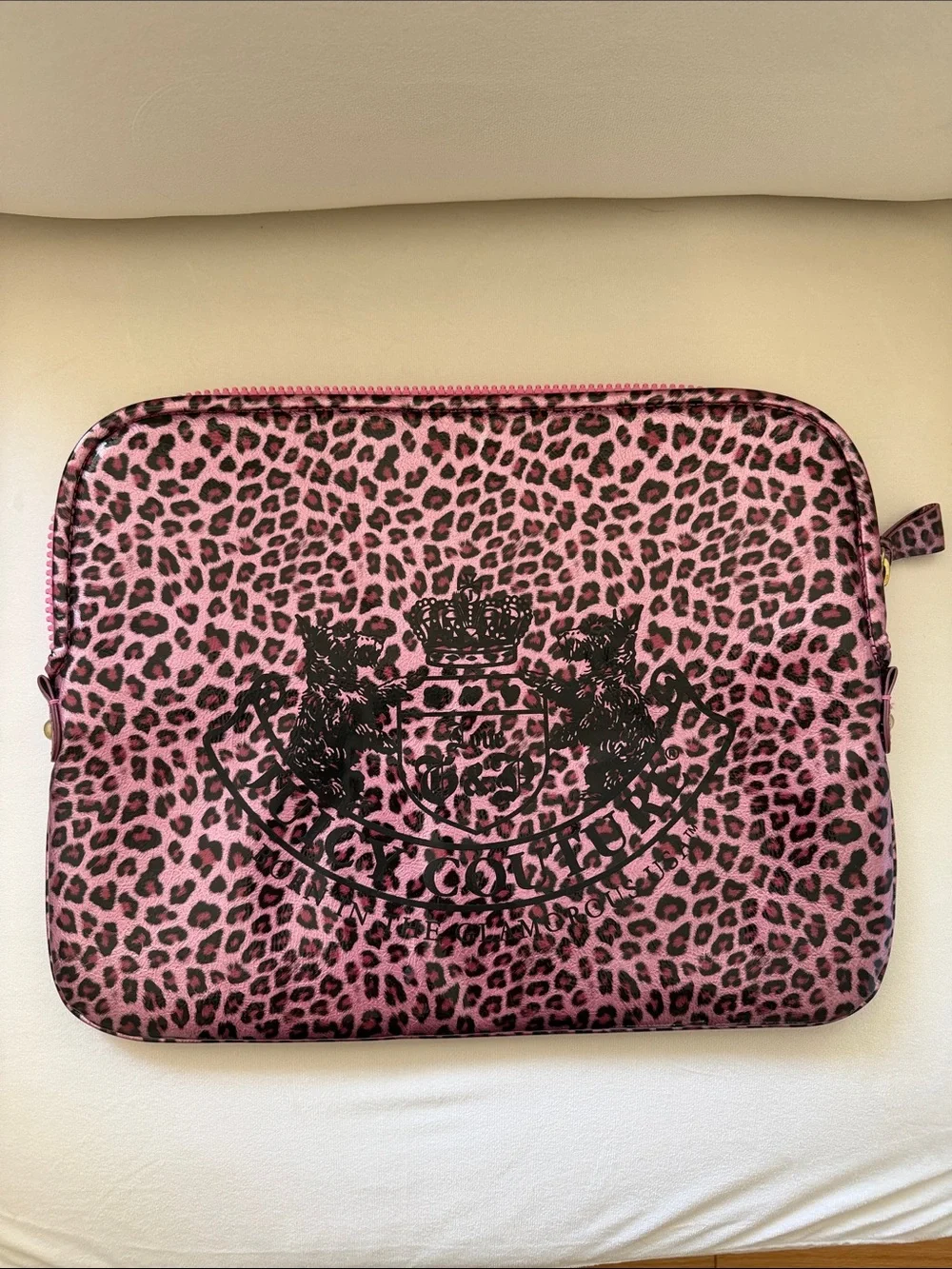 Vintage juicy couture Pink Leopard Print laptop sleeve with Crest faux patent
